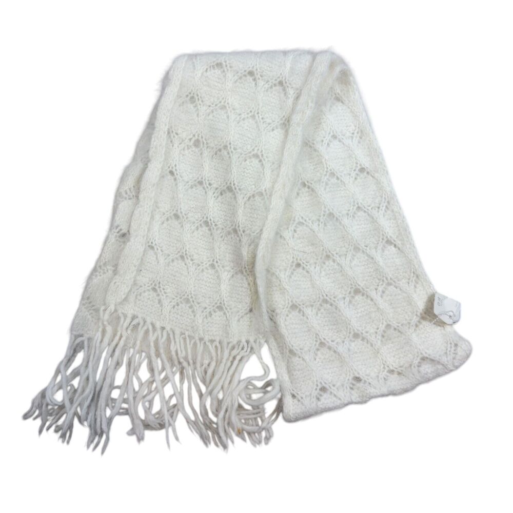 Women's Scarf Ivory Knit Fringe Neck Warm Winter Muffler White Knitted One-Size